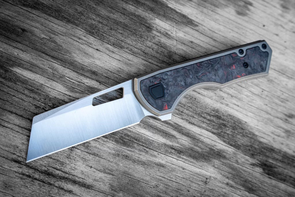 Brian Brown Knives Yeager V3 - St. Nick's Knives Exclusive - M390 Steel - Fat Carbon Red Dark Matter Front Scale - Titanium Handle