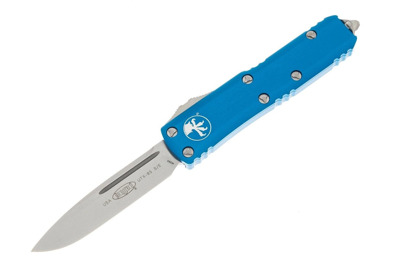 Microtech UTX-85 - Single Edge - Satin Hardware - Blue Chassis - 231-10BL