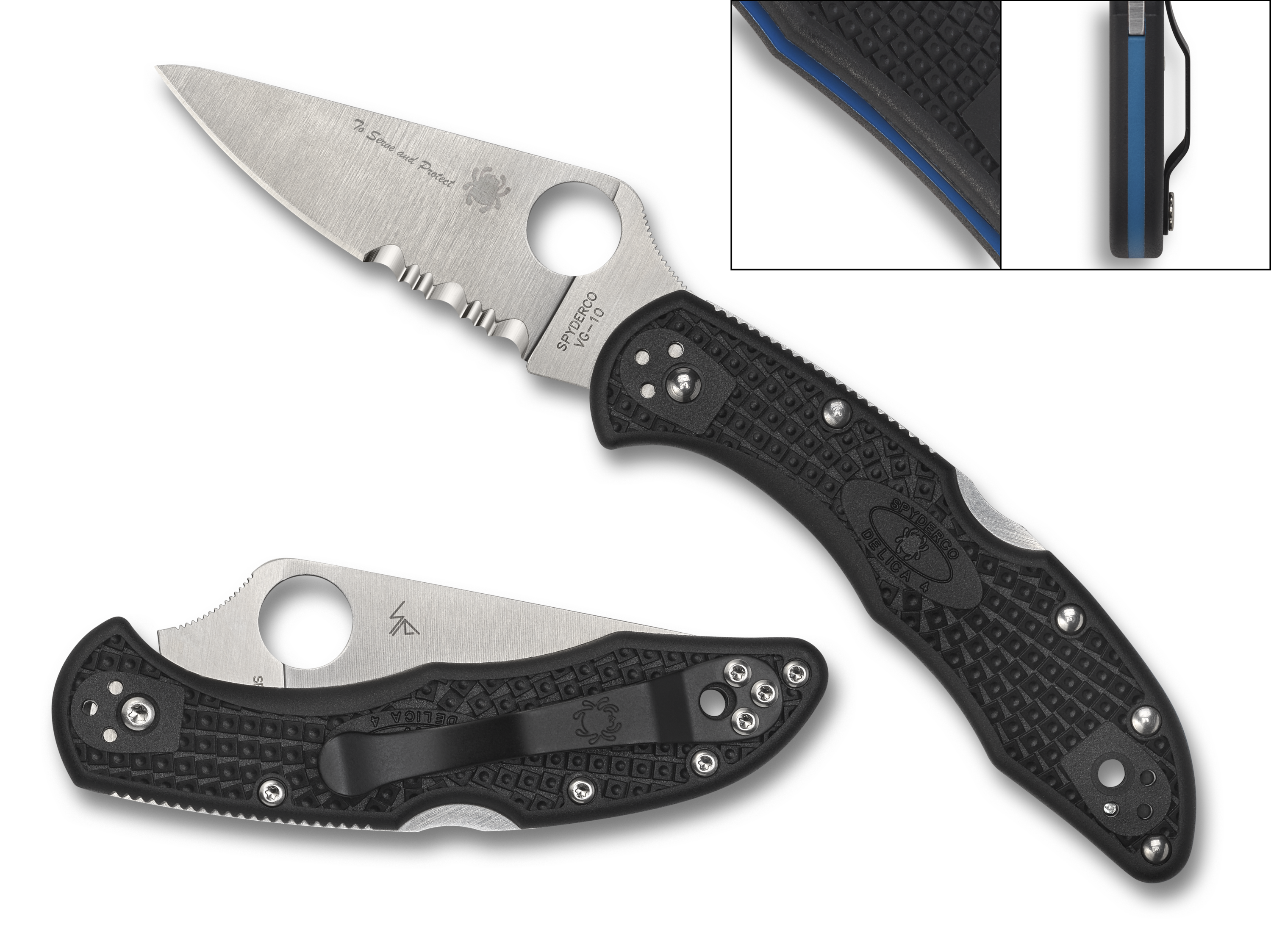 Spyderco Delica 4 - Thin Blue Line - Black FRN- Partially Serrated VG-10 Blade - C11FPSBKBL - CLOSEOUT