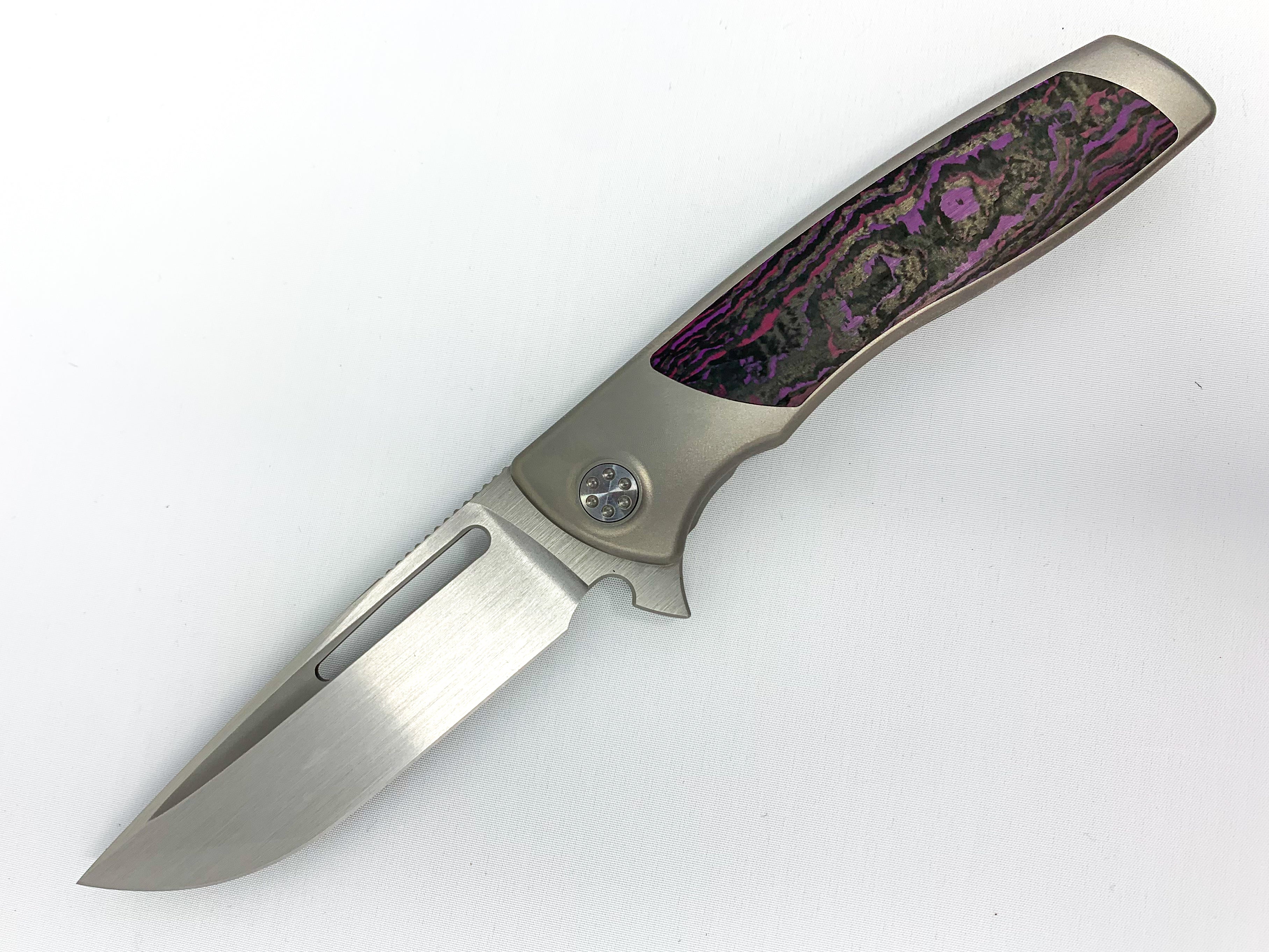 Sharp By Design Mini Evo - M390 Drop Point Blade - Fat Carbon "Purple Haze" Inlay - Titanium Handle - CLOSEOUT