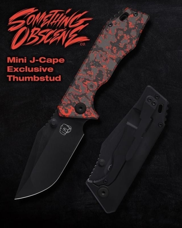 Something Obscene Company Mini J-Cape - St. Nick's Knives Exclusive - CPM-20CV Steel - Fat Carbon Lava Flow Front Scale - Titanium Handle - Thumbstud