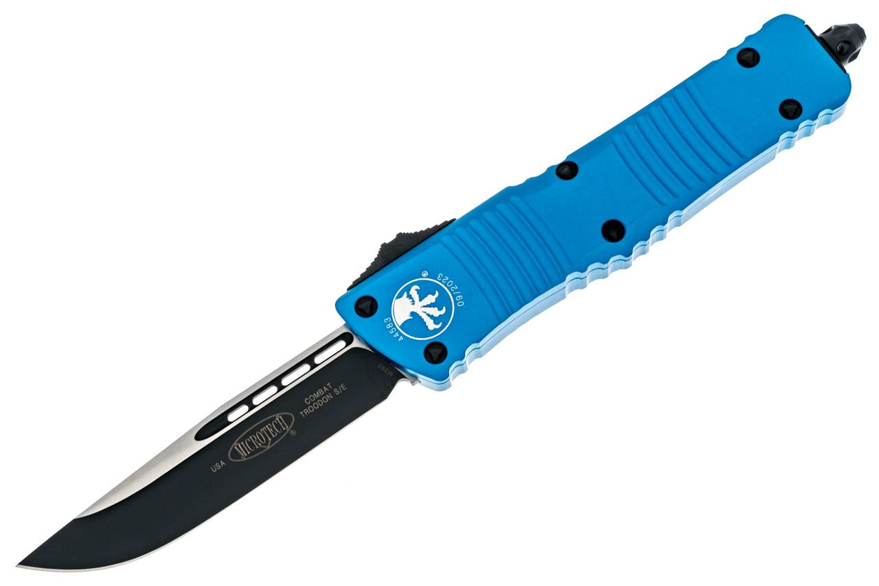 Microtech Combat Troodon - Plain Single Edge Black Blade - Blue Chassis - 143-1BL