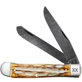Case Trapper - Burnt Natural Bone - Deep Canyon Jig - Damascus Blade - 27230