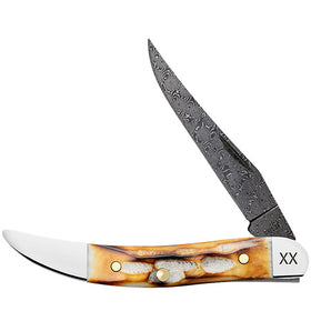 Case Small Texas Toothpick - Burnt Natural Bone Handle - Deep Canyon Jig - Damascus Blade - 27236
