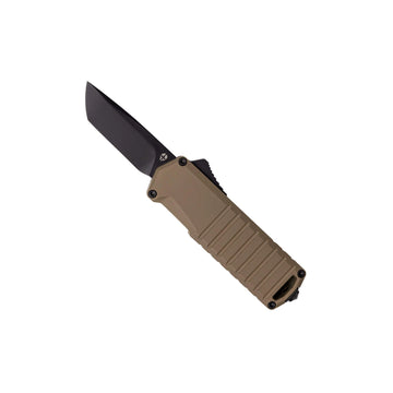 Tekto Knives A2 Badger - Automatic - Dessert Tan Aluminum - Black D2 Steel Blade