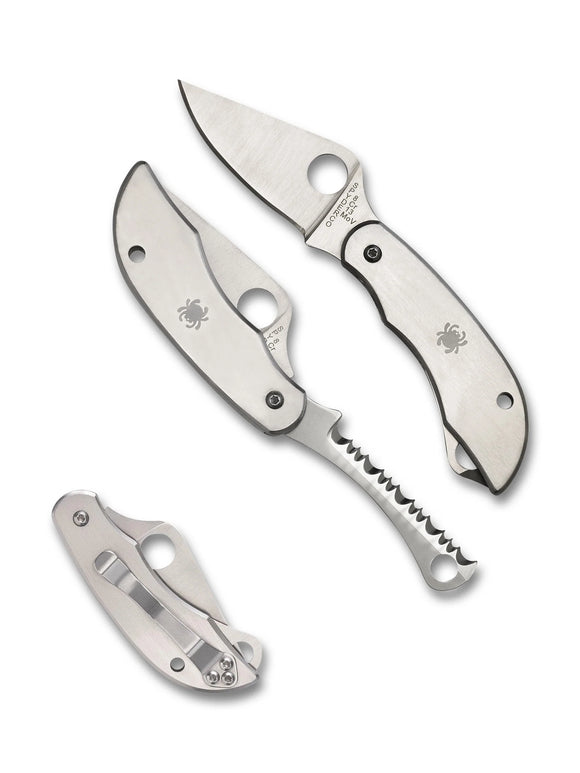 Spyderco ClipiTool Plain and Serrated - Stainless Steel Handles - Satin 8Cr13MoV - C176P&S