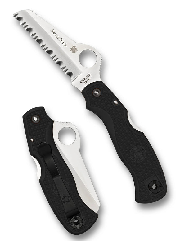 Spyderco Rescue 79mm - Black FRN Handles - VG10 Satin Serrated Blade - C45SBK