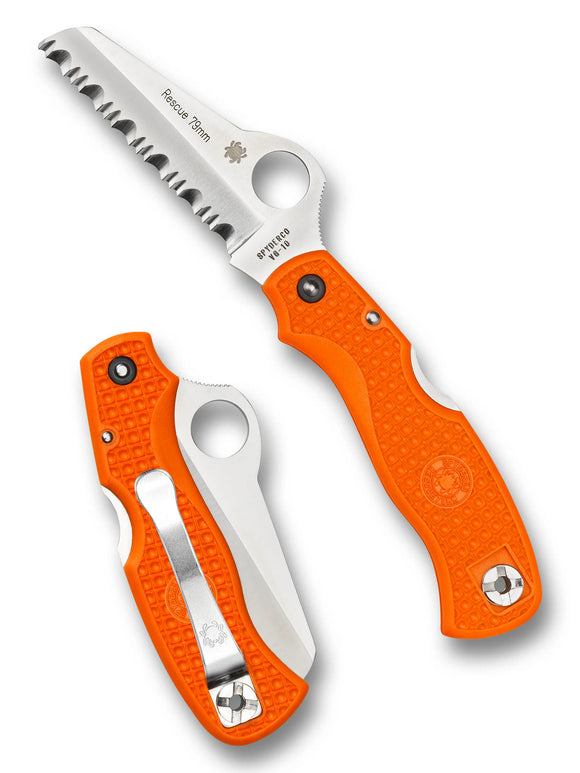 Spyderco Rescue 79mm - Orange FRN Handles - VG10 Satin Serrated Blade - C45SOR