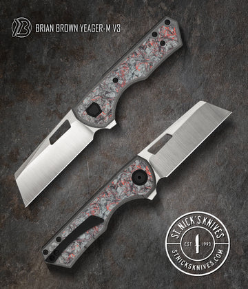 Brian Brown Knives Yeager V3 - St. Nick's Knives Exclusive - M390 Steel - Fat Carbon Red Dark Matter Front Scale - Titanium Handle