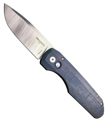 Pro-Tech Vero Synapse - Blue Linen Micarta & Black Aluminum Handle - Satin MagnaCut Blade - White Pearl Button - VERO1210-LTD