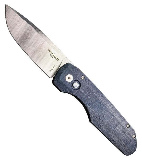 Pro-Tech Vero Synapse - Blue Linen Micarta & Black Aluminum Handle - Satin MagnaCut Blade - White Pearl Button - VERO1210-LTD
