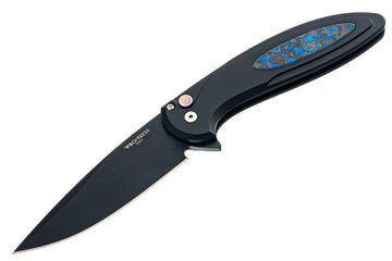 Pro-Tech Cambria 2 Flipper - Black Aluminum Handle - Blue Techno Carbon Fiber Inlay - Black DLC MagnaCut Blade - Black Lip Pearl Button - PROTECH-CF2103-LTD TC BLUE