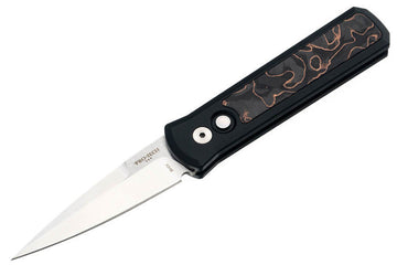 Pro-Tech Godson Livewire - Copper Carbon Fiber Inlay - Satin 20CV Blade - Black Lip Pearl Button - PROTECH-7210