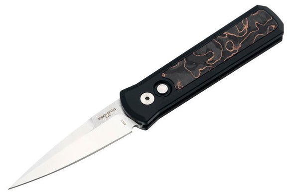 Pro-Tech Godson Livewire - Copper Carbon Fiber Inlay - Satin 20CV Blade - Black Lip Pearl Button - PROTECH-7210