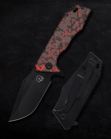 Something Obscene Company Mini J-Cape - St. Nick's Knives Exclusive - CPM-20CV Steel - Fat Carbon Lava Flow Front Scale - Titanium Handle - Flipper