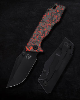 Something Obscene Company Mini J-Cape - St. Nick's Knives Exclusive - CPM-20CV Steel - Fat Carbon Lava Flow Front Scale - Titanium Handle - Thumbstud