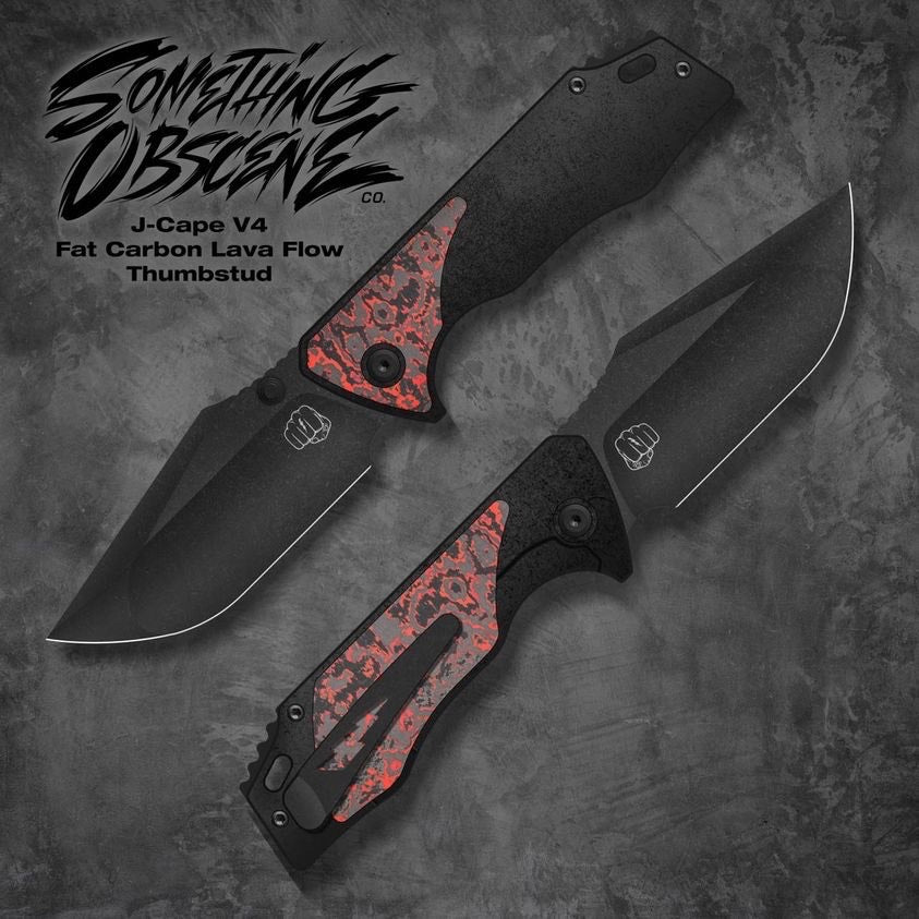 Something Obscene Company J-Cape V4- St. Nick's Knives Exclusive - CPM-20CV Steel - Fat Carbon Lava Flow Inlays - Blackout Titanium Handle - Thumbstud