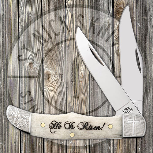 Case Pocket Hunter - Natural Smooth Bone - Embellished Bolsters - "He Is Risen!" - 10590