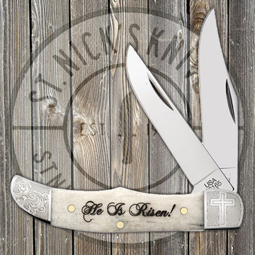Case Pocket Hunter - Natural Smooth Bone - Embellished Bolsters - "He Is Risen!" - 10590