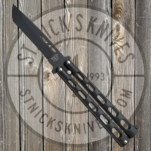 Bear & Son - 5” Black Handle Butterfly Knife - Black Tanto Blade - 115TANB