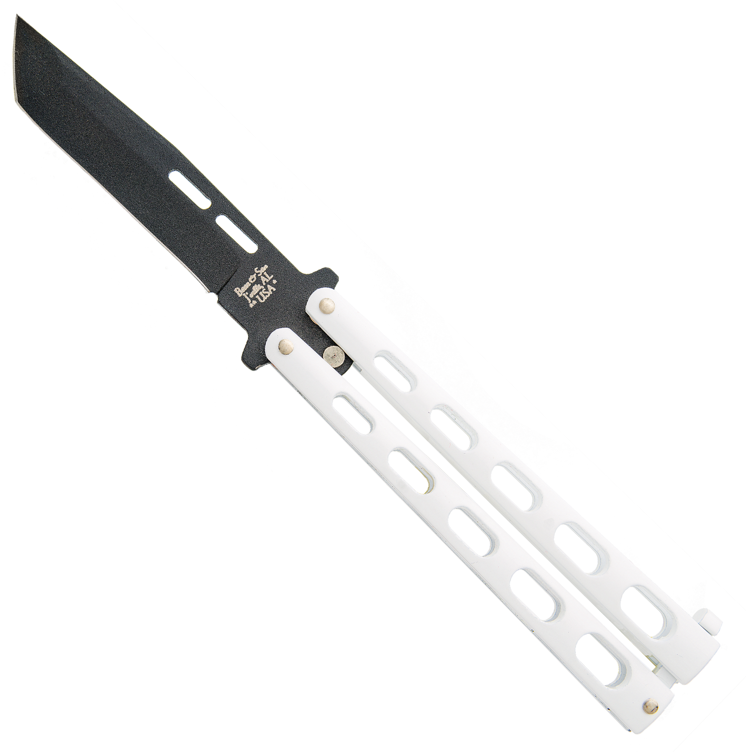 Bear & Son 5" White Handle Black Tanto Blade Butterfly Knife - 115TANW