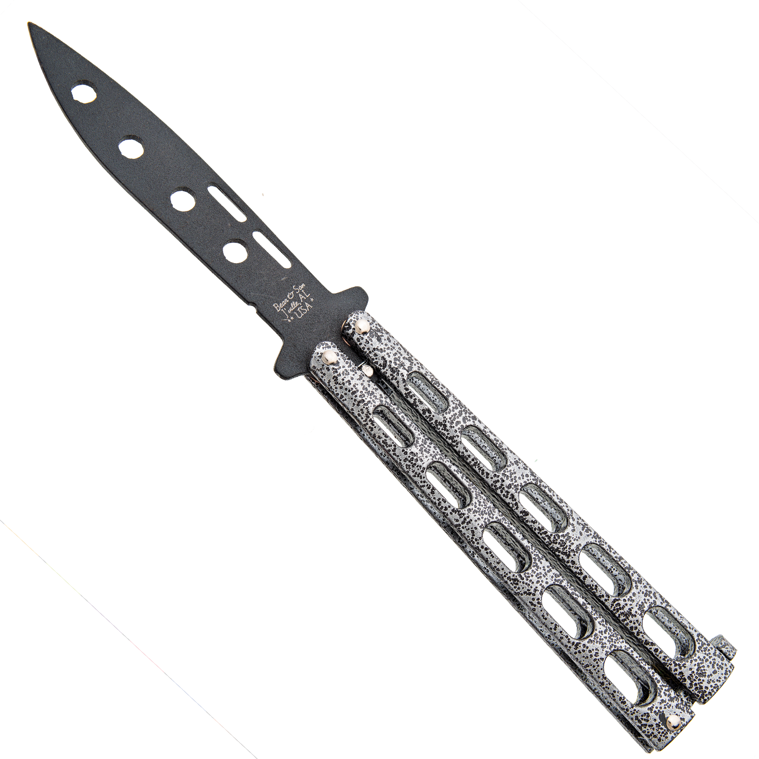 Bear & Son Black Blade and Silver Vein Handle Trainer Butterfly Knife - 115TR