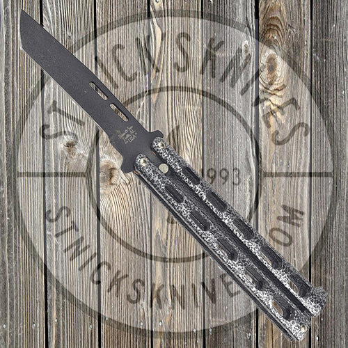 Bear & Son - 5” Silver Handle Butterfly Knife - Black Tanto Blade - 115TAN