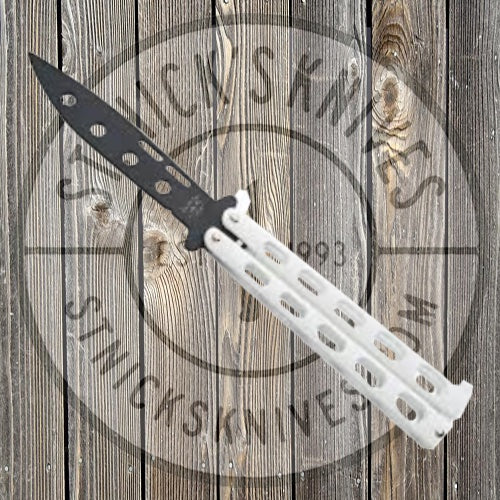 Bear & Son - Butterfly Trainer 3.375" Black Drop Point Blunt Blade, White Slotted Zinc Handle - 115WTR