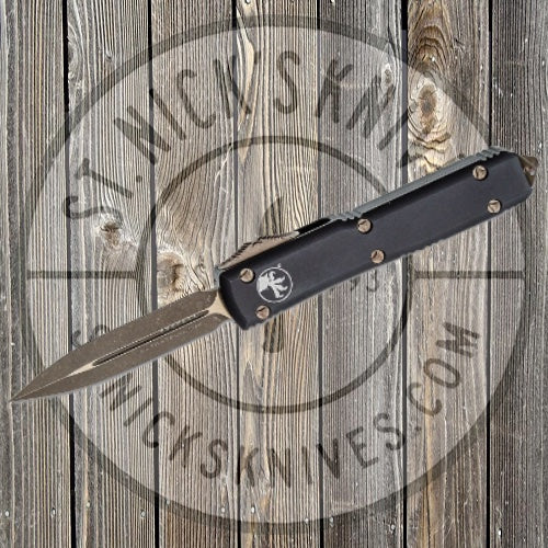 Microtech - 122-13AP Ultratech AUTO OTF 3.46" Apocalyptic Bronze Double Edge Dagger Blade, Black Aluminum Handles