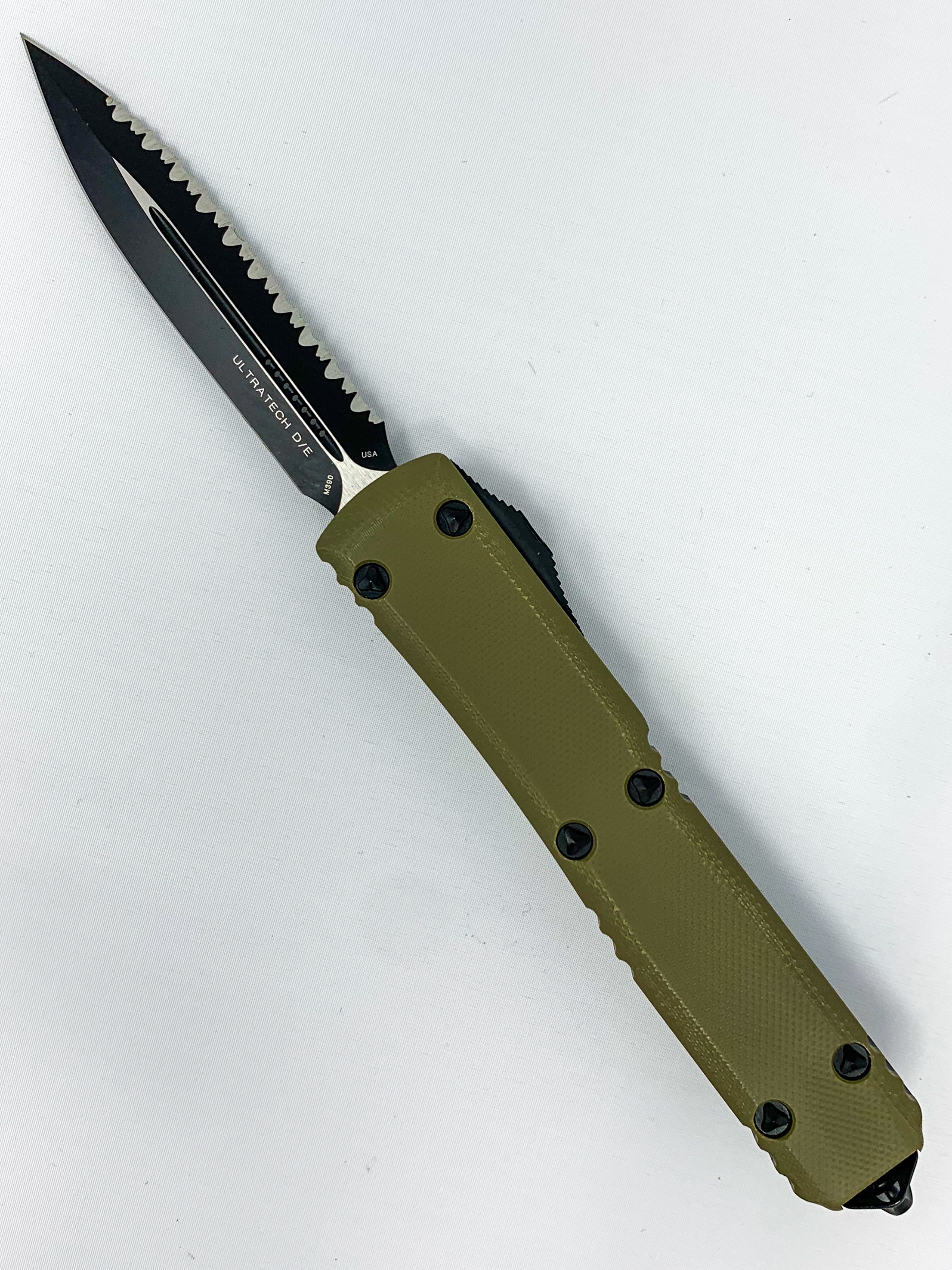 Microtech Ultratech D/E- Signature Series - Fully Serrated Black Blade - OD Green Top - 122-3GTODS