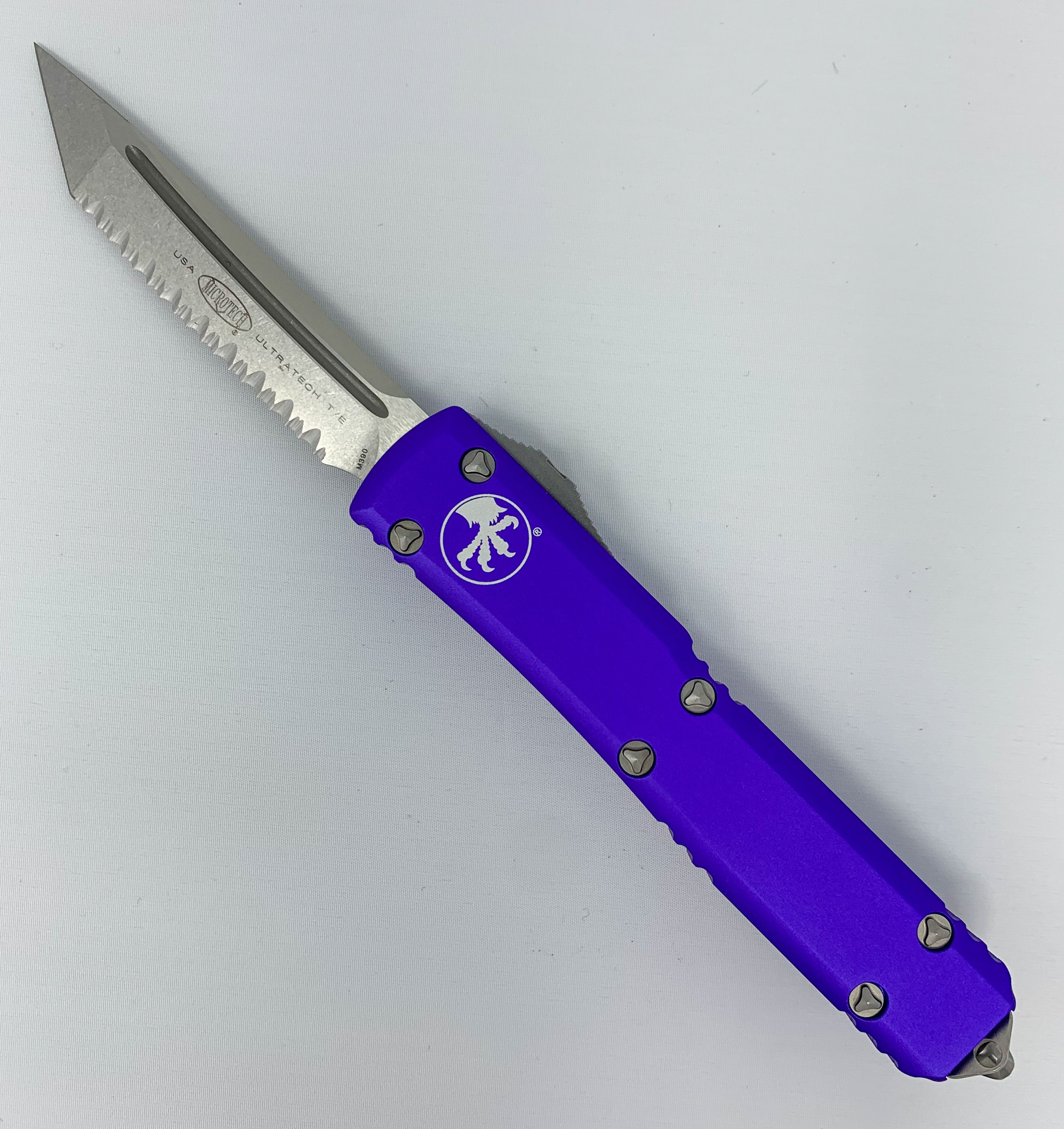 Microtech Ultratech - Tanto Stonewashed Fully Serrated Blade - Purple Chassis - 123-12PU