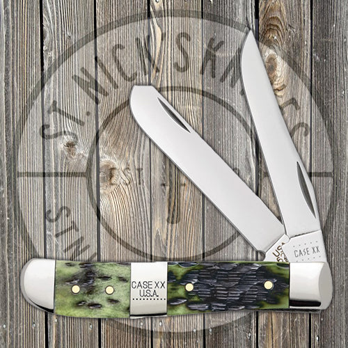 Case Mini Trapper -  Jigged Olive Green Bone - Tang Stamp Center Bolster - 21513