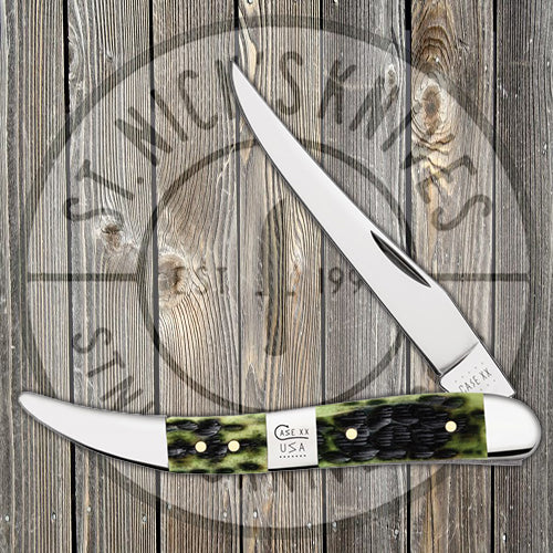 Case Medium Texas Toothpick - Jigged Olive Green Bone - Tang Stamp Center Bolster - 21515