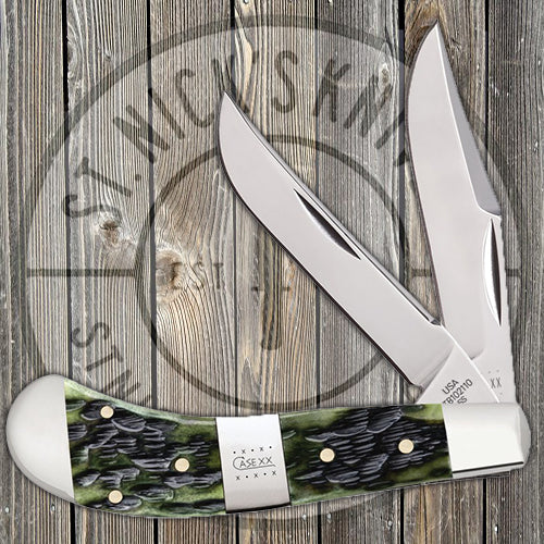 Case Small Saddlehorn - Jigged Olive Green Bone - Tang Stamp Center Bolster - 21516