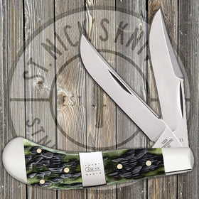 Case Small Saddlehorn - Jigged Olive Green Bone - Tang Stamp Center Bolster - 21516