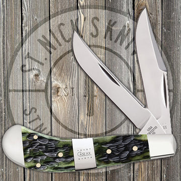 Case Small Saddlehorn - Jigged Olive Green Bone - Tang Stamp Center Bolster - 21516