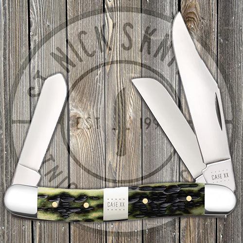 Case Medium Stockman - Jigged Olive Green Bone - Tang Stamp Center Bolster - 21518