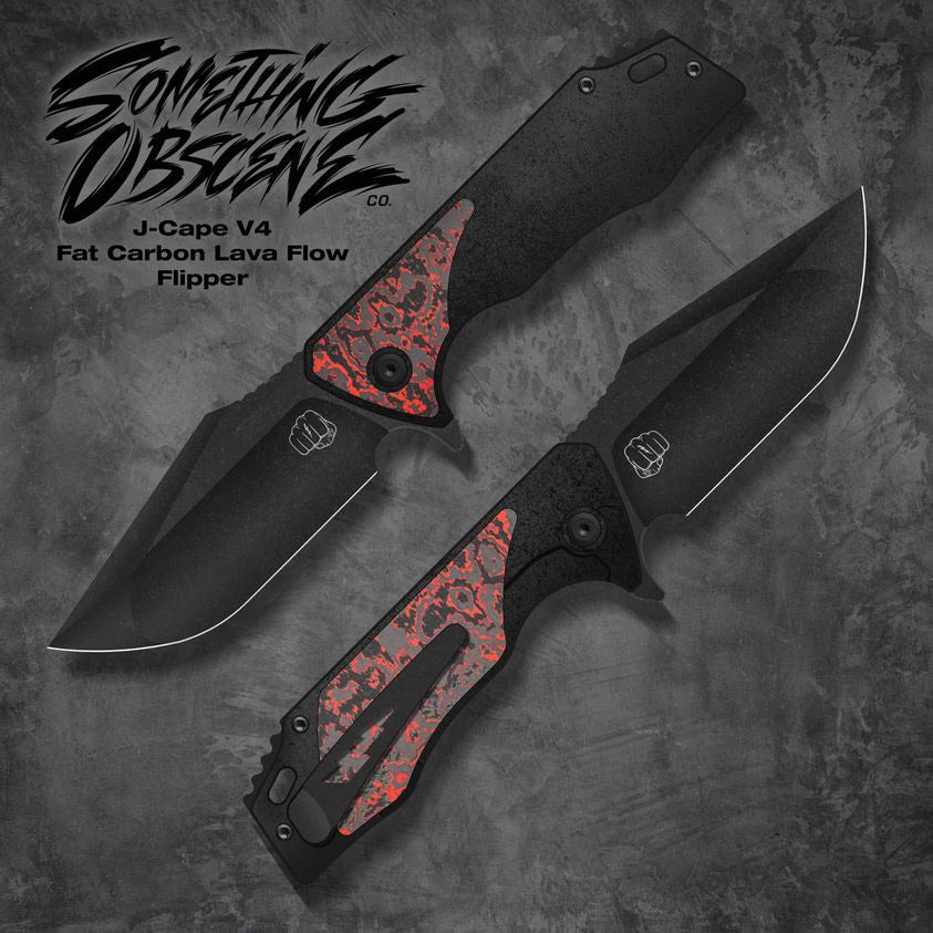 Something Obscene Company J-Cape V4 - St. Nick's Knives Exclusive - CPM-20CV Steel - Fat Carbon Lava Flow Inlays - Blackout Titanium Handle - Flipper