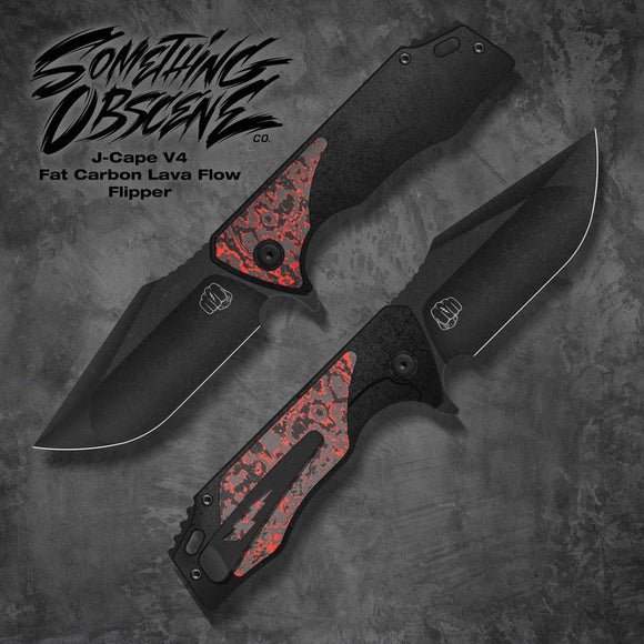 Something Obscene Company J-Cape V4 - St. Nick's Knives Exclusive - CPM-20CV Steel - Fat Carbon Lava Flow Inlays - Blackout Titanium Handle - Flipper