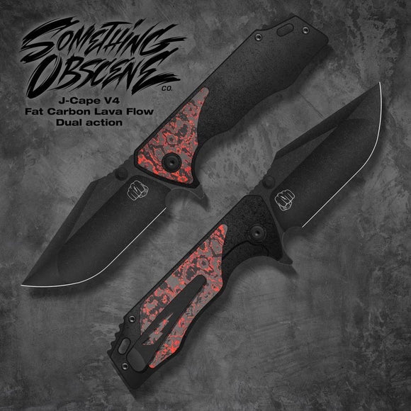 Something Obscene Company J-Cape V4 - St. Nick's Knives Exclusive - CPM-20CV Steel - Fat Carbon Lava Flow Inlays - Blackout Titanium Handle - Dual Action