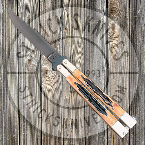 Bear & Son - 5” Genuine Indian Bone Stag Butterfly Knife - 517