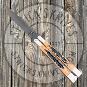 Bear & Son - 5” Genuine Indian Bone Stag Butterfly Knife - 517