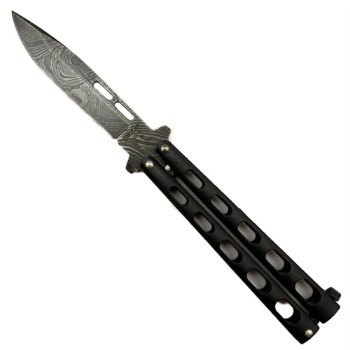 Bear & Son - Butterfly Knife - Damascus - Drop Point - Black Zinc Handles - 115D