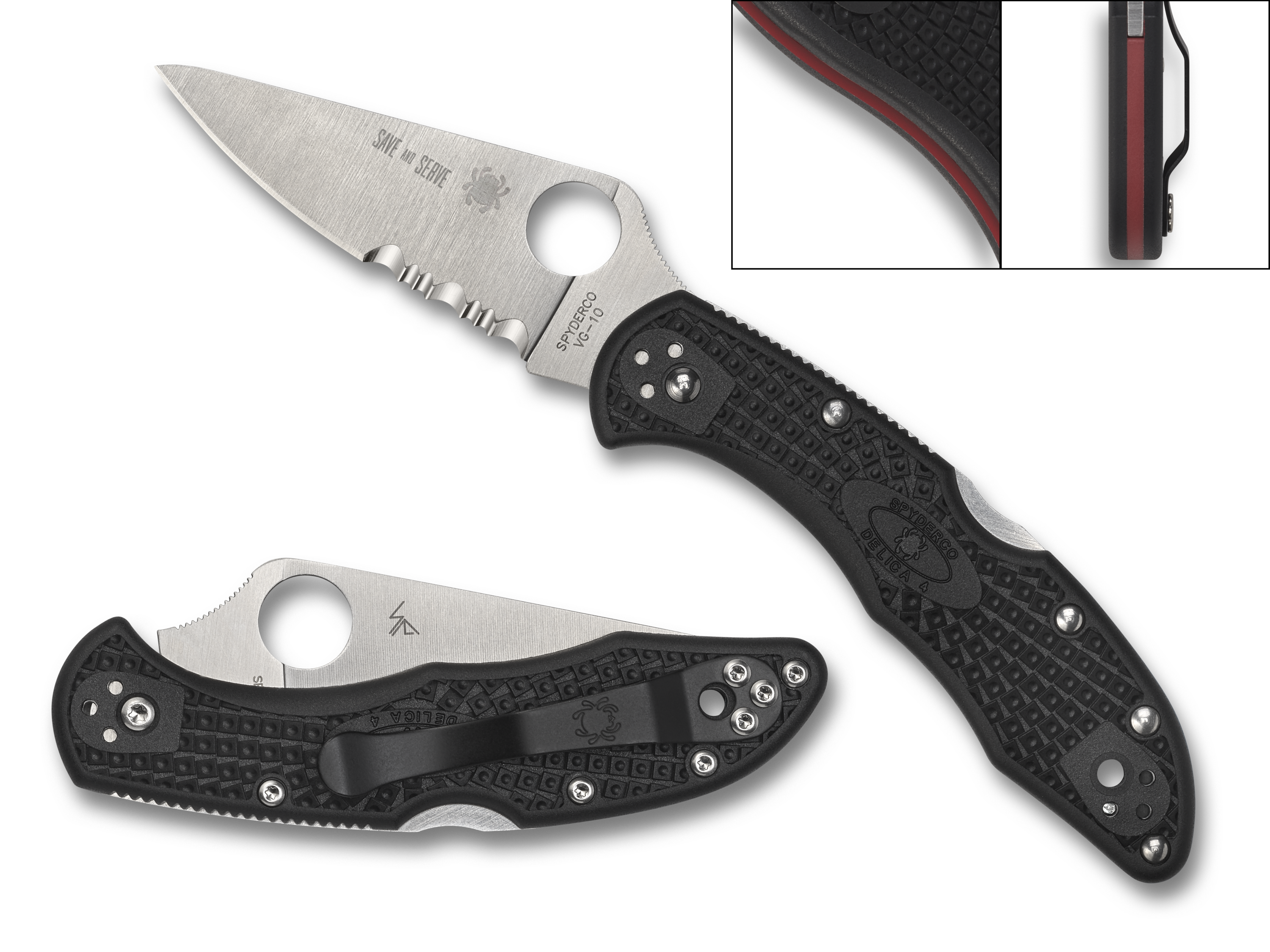 Spyderco Delica 4 - Thin Red Line - Black FRN - Partially Serrated VG-10 Blade - C11FPSBKRD - CLOSEOUT