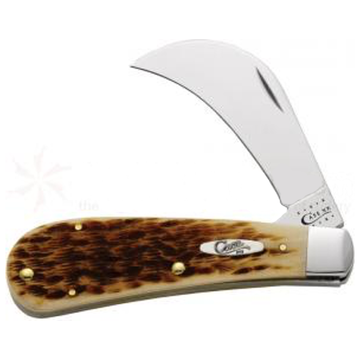 Case - Peach Seed Hawkbill Pruner Knife - Jigged Amber Bone - 00249