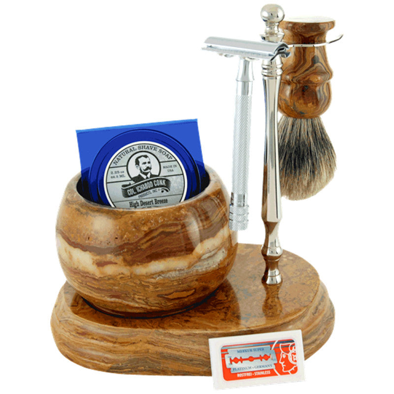 Colonel Conk - Handcrafted Marble Shave Set - 6pc - Fossil - 250C-DE