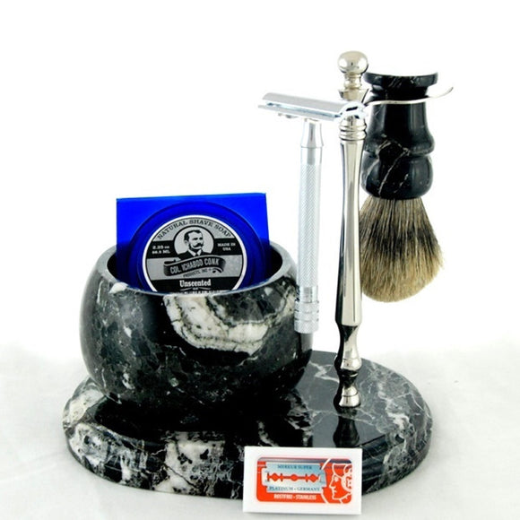 Colonel Conk - Handcrafted Marble Shave Set - 6pc - Zebra/Black - 251C-DE