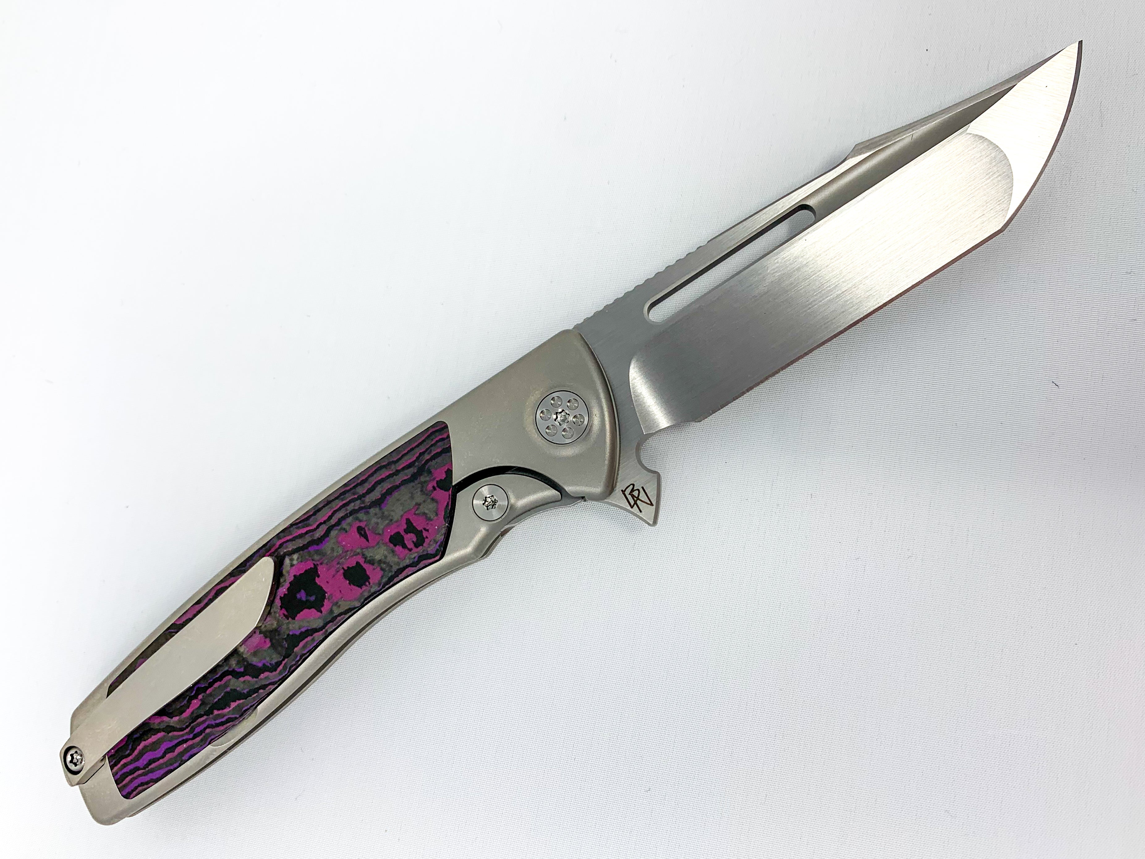 Sharp By Design Mini Evo - M390 Harpoon Point Blade - Fat Carbon "Purple Haze" Inlay - Titanium Handle-2