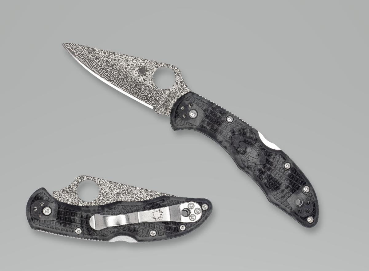 Spyderco Delica - Damascus Blade - Black and Grey ZOME Handle - Distributor Exclusive- C11ZPGYD