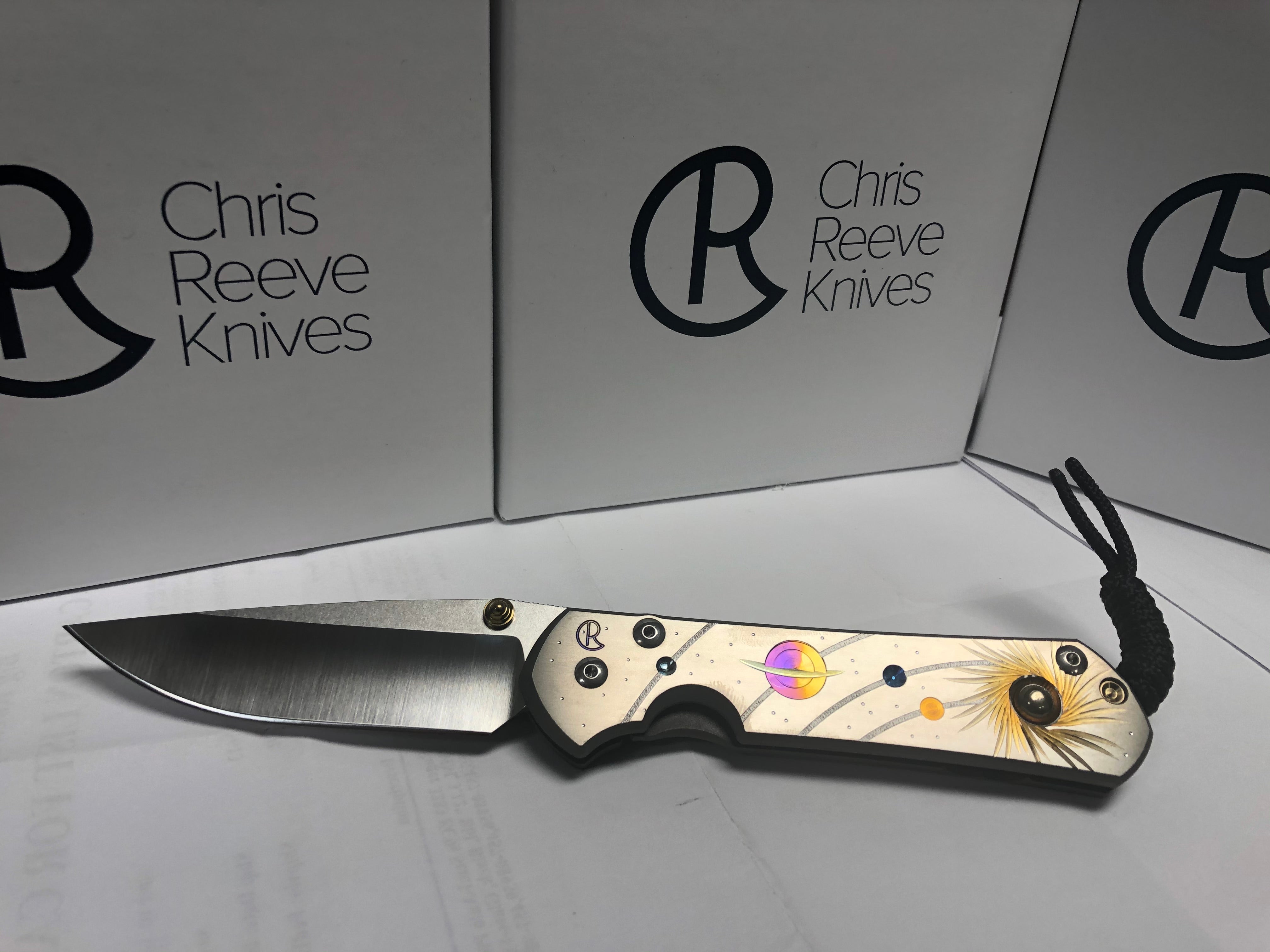 Chris Reeve - Large Sebenza 31 - Unique w/ Cabochon Drop Point - Solar System/ Alternate Universe w/ Pyrite - L31-1408